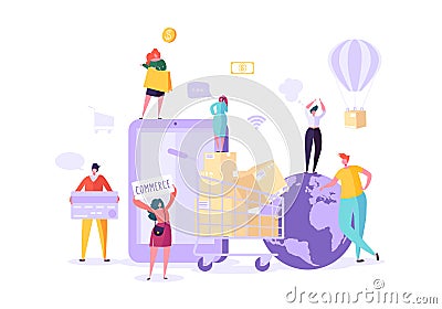 Woman Shop Online Using Smartphone. E-commerce, Consumerism, Retail, Sale Concept. Characters Shopping Mobile Vector Illustration