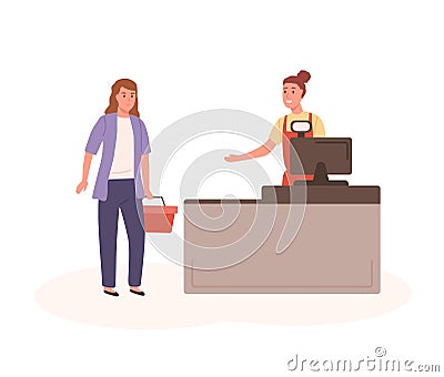 Woman shopper with basket and seller at checkout vector flat illustration. Cartoon smiling female saleswoman and Vector Illustration