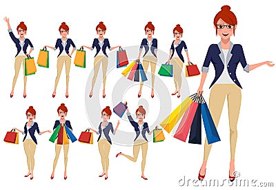 Woman shopper vector character set holding shopping bags with fashion clothes Vector Illustration