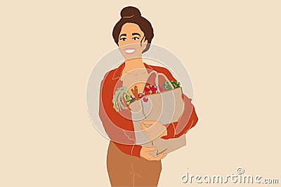 Woman with shopping bag full of fresh groceries on the color background Vector Illustration