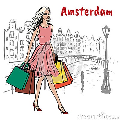 Woman with shopping bags Vector Illustration