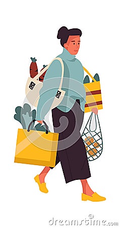 Woman with shopping bags. Young female walking from greengrocer store. Heavy handbags of food, buying fruits and Vector Illustration