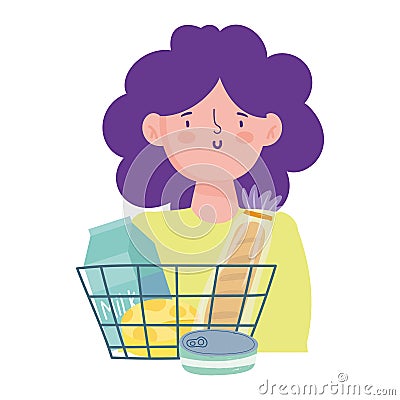 Woman with shopping basket with products, food delivery in grocery store Vector Illustration