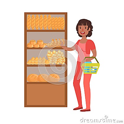 Woman Shopping For Bread, Shopping Mall And Department Store Section Illustration Vector Illustration