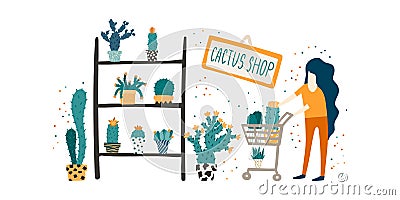 Woman with a shopping cart in a cacti and succulents shop. Woman pushing shopping trolley with flowers in a garden store Vector Illustration