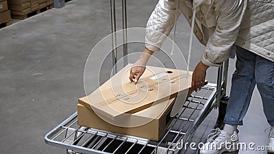 Young woman with shopping cart walking for choosing new furniture in big store warehouse and put some boxes in trolley Stock Photo