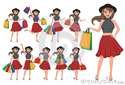 Woman shopping character vector set. Girl cartoon character Vector Illustration