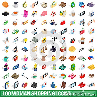 100 woman shopping icons set, isometric 3d style Vector Illustration