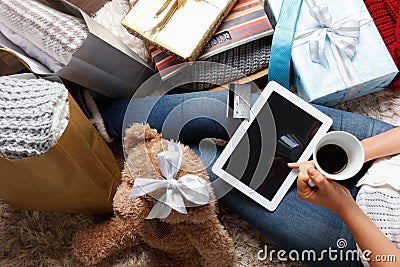 Woman shopping online at Christmas Stock Photo