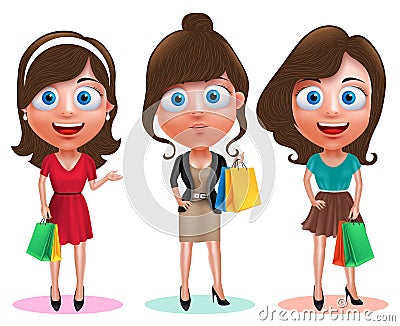 Woman shopping vector characters set. Female happy holding shopping bags Vector Illustration