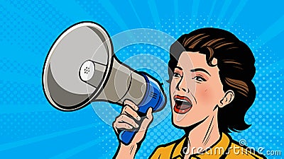 Woman shouting loudly into loudspeaker. Retro comic pop art vector illustration Vector Illustration