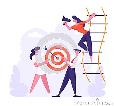 Woman Shouting in Loudspeaker Standing on Suspended Ladder, Businesspeople Team Holding Target with Arrow in Center Vector Illustration