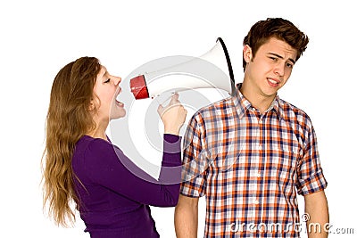 Woman shouting at man Stock Photo