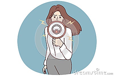 Woman shouting megaphone speaking at civil protest and calling people to action. Vector image Vector Illustration