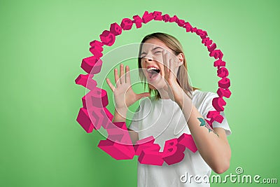 Woman shouting, screaming on studio background. Sales, offer, business, cheering fun concept. Stock Photo