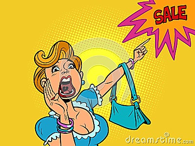 A woman shouts discount sale. The buyer points with his hand Vector Illustration