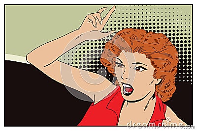 Woman shouts and wags hands. People in retro style. Vector Illustration