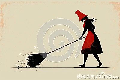 A woman shoving away various vermin with a broom, created with Generative AI technology Stock Photo