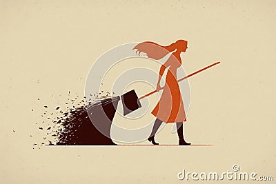 A woman shoving away various vermin with a broom, created with Generative AI technology Stock Photo