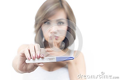 Woman show pregnancy tester with blank result Stock Photo