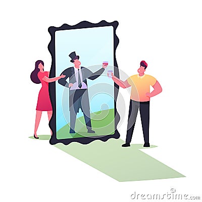 Woman Show to Man Big Mirror with Reflection of Successful Prosperous Businessman Wear Expensive Suit. Poor Man Dream Vector Illustration