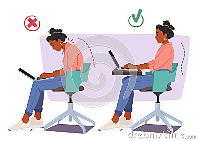 Woman Showing Bad And Good Poses For Working On Laptop. Wrong, Hunched Back And Cramped Shoulders, Vector Illustration Vector Illustration