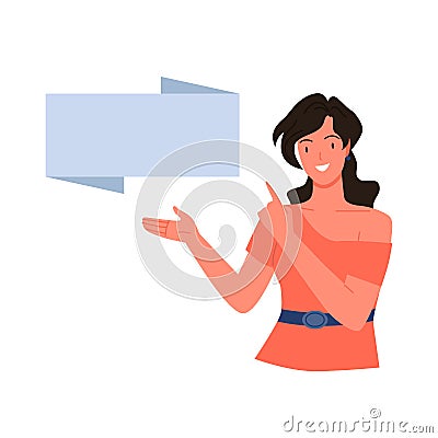 Woman showing banner blank card, female character pointing to poster to show presentation Vector Illustration