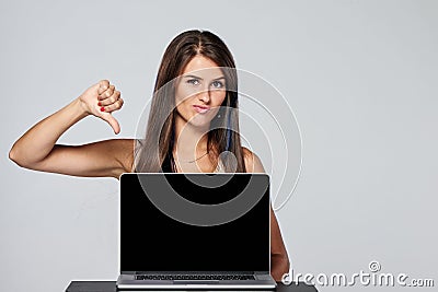 Woman showing blank black laptop computer screen Stock Photo