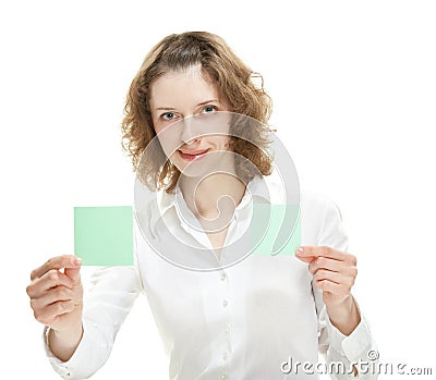 Woman showing blank cards/stickers/notes Stock Photo
