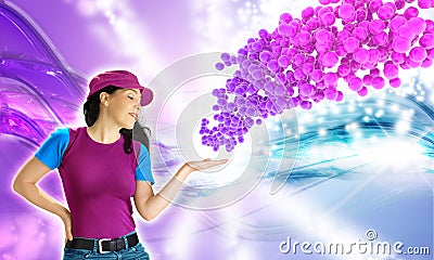 Woman showing a colorful bubbles explosion Stock Photo