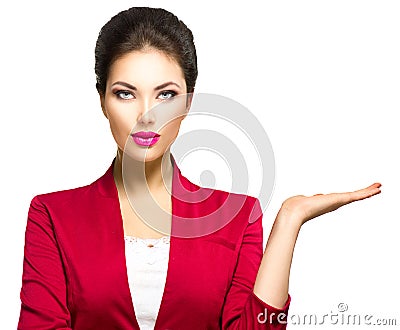 Woman showing empty copyspace on the open hand palm Stock Photo