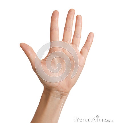 Woman showing hand on white background Stock Photo