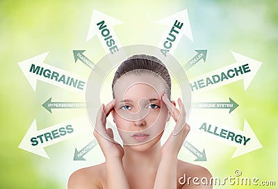 Woman showing pain in the head with info graphic Stock Photo