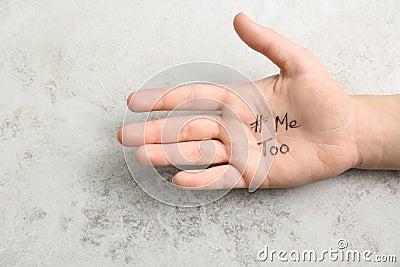 Woman showing palm with hashtag METOO on grey background, closeup. Stop sexual Stock Photo