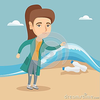 Woman showing plastic bottles under sea water. Vector Illustration