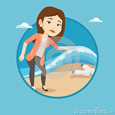 Woman showing plastic bottles under sea wave. Vector Illustration