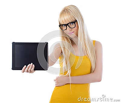 Woman showing tablet computer screen Stock Photo