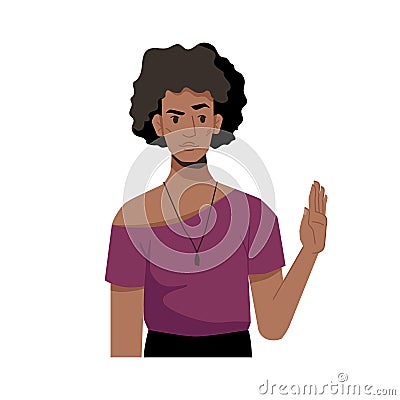 Woman shows stop no sign by raised hand isolated Vector Illustration