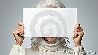 Woman shows white banner, covering her face on white background. Generative AI Stock Photo