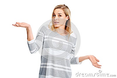 Woman shrug shoulders Stock Photo