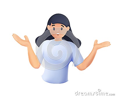 A woman is shrugging with a curious expression. Amazed, surprised young people. 3D cartoon vector design illustrations Vector Illustration