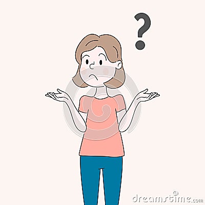 A Woman is Shrugging, Thinking Confused with a Curious Expression - I don t know. A woman or Girl with a Sad Face Vector Illustration