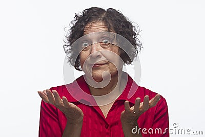 Woman shrugs, does not have answer, horizontal Stock Photo