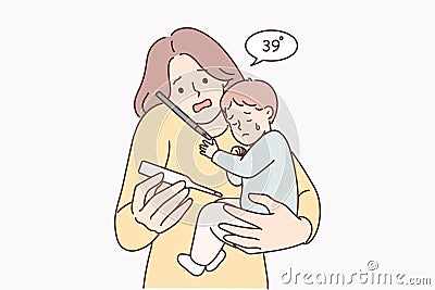 Woman with sick baby holding thermometer and calling pediatrician doctor or calling ambulance Vector Illustration