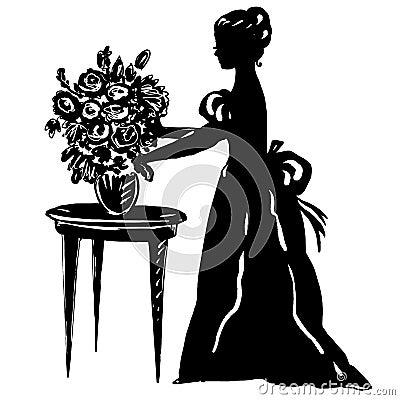 Woman silhouette in antique dress with flowers in vase on table Vector Illustration