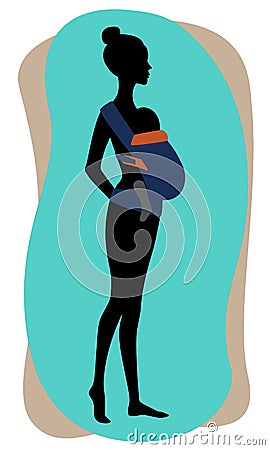 Woman silhouette with a baby in a blue ergo sling. Babywearing mother concept Vector Illustration