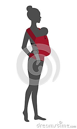 Woman silhouette with a baby in a red ergo sling. Babywearing mother concept Vector Illustration