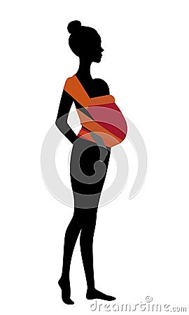 Woman silhouette with a baby in a red mei-tai sling. Babywearing mother concept Vector Illustration