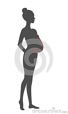 Woman silhouette with baby in sling. Schematic representation of the baby spine in a physiological carrier. Babywearing Vector Illustration