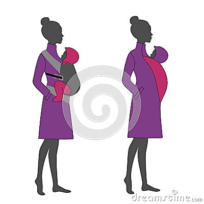 Woman silhouette with a babywearing cape jacket sling. Babywearing mother winter concept Vector Illustration